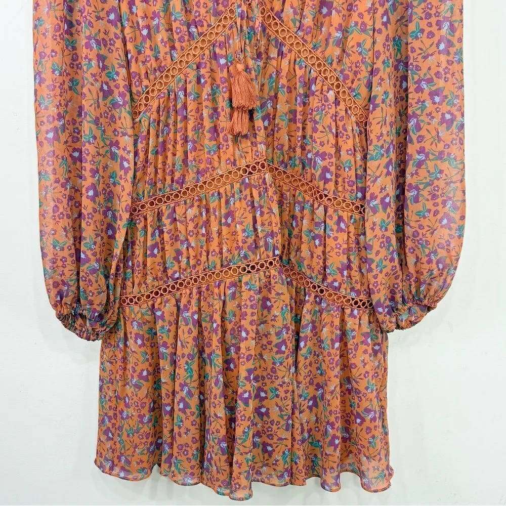 Rebecca Minkoff CADEN Dark Orange Magenta Floral Boho Chic Tiered Peasant Dress - Picture 7 of 16